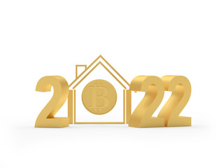 Golden house with bitcoin icon and number 2022.3d illustration 