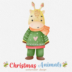 Christmas Giraffe watercolor illustration, with a paper background. For design, prints, fabric, or background. Christmas element vector.