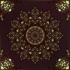 Vintage background mandala business card invitation with golden lace ornaments and art deco floral decorative elements