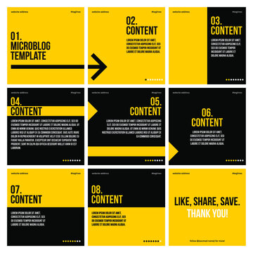 Microblog carousel slides template for instagram. Nine pages with yellow and black arrows theme.