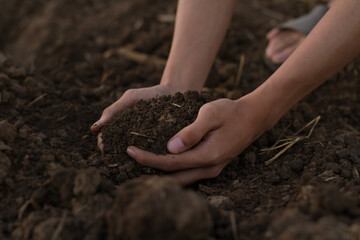 Full soil in a hand of farmer at farm. agriculture, gardening concept.