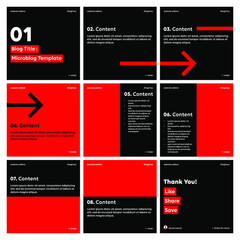 Microblog carousel slides template for instagram. Nine pages with black and red arrows theme. - obrazy, fototapety, plakaty