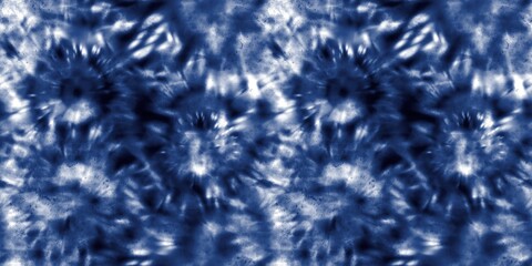 Seamless indigo tie dye 1970s funky hippie repeat pattern swatch motif for surface design and print. High quality illustration. Vibrant navy blue apparel material print. Psychedelic textile design.