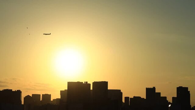 東京の上空を飛ぶ飛行機　夕景
