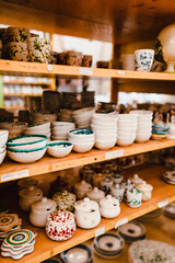 Series of objects (souvenirs) for sale in a typical ceramic shop in Grottaglie