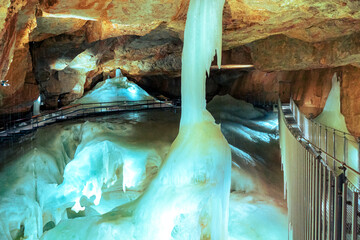 Rope bridge across the Tristandom inside the Dachstein Rieseneishöhle, a giant ice cave in the...