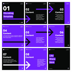 Microblog carousel slides template for instagram. Nine pages with black and purple arrows theme. - obrazy, fototapety, plakaty