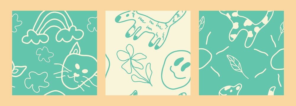 Children's drawing seamless pattern. Color children's drawings of primitive wallpapers, sketches of summer themes art. Decor textiles, wrapping paper vector print or fabric wallpaper.