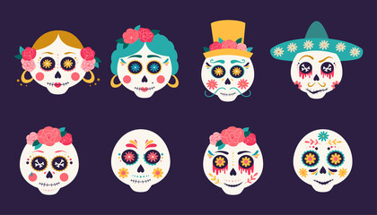 Set of Sugar skulls, Sugar Heads, Skull Faces, Cartoon Skeletons, Dead Heads and Human Skulls. Mexico. Halloween, Day of the Dead illustration. Flat hand drawn vector