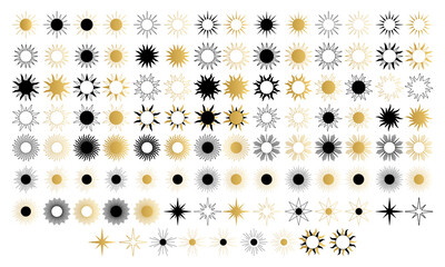 Set of various abstract sun. Set of boho sun icons. Golden gradient color. Wicca, alchemy, mystical, magic, celestial, esoteric, sacred, spiritual, occultism inspired concept. Hand drawn vector.