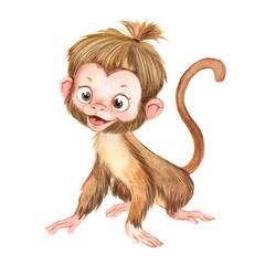 Watercolor illustration of cute little monkey, safari tropical animal, jungle animal, brown cartoon monkey 