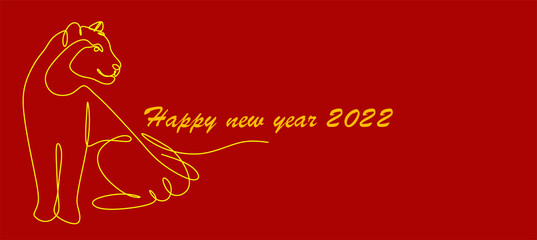 continuous linear drawing of the silhouette of the Chinese tiger of 2022, a simple hand-drawn Asian element for a poster, brochure, banner, calendar, vector illustration isolated on a red 