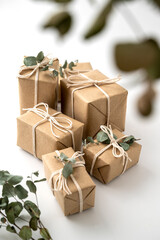Christmas rustic present gift boxes isolated on a white background. Craft paper and eucalyptus...