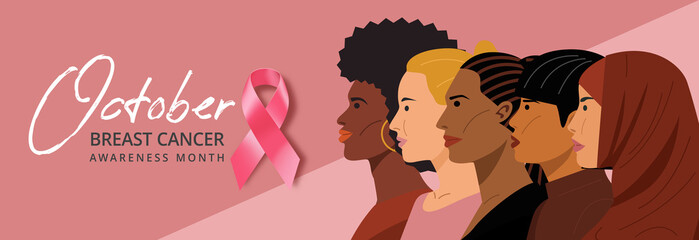 October breast cancer awareness month, Women with different nationalities standing together.