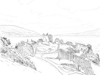Urquhart Castle. Scotland. Hand drawn city sketch. Vector illustration.