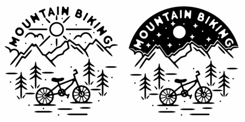 mountaiin monoline vintage outdoor badge design with bike