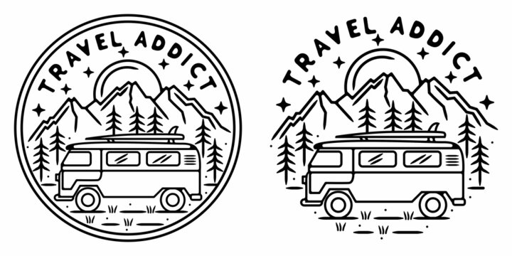 van car monoline vintage outdoor badge design with mountain