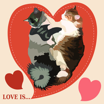 Two fluffy cats are hugging. Enamored cats. Vector for printing onto fabric, paper.
