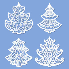 Laser cutting template. Set of Christmas trees. Vector