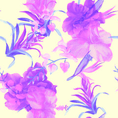 Fototapeta na wymiar Vanilla Flower Design. Pink Summer Foliage. Purple Seamless Painting. Watercolor Leaf. Pattern Wallpaper. Floral Print. Exotic Texture. Botanical Foliage.