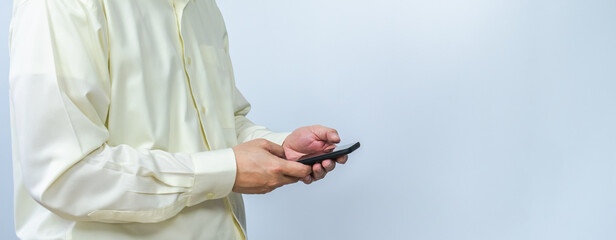 man work business on mobile, turn right copy space white background