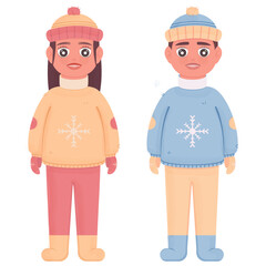 young people guy and girl in warm clothes. New Year's clothes. christmas clothes. sweater, mittens, hat, watercolor brushes. flat style