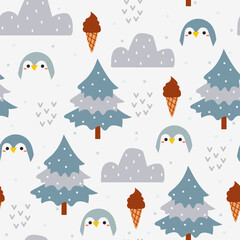 Fototapeta na wymiar Seamless pattern with cute cartoon penguin and winter for fabric print, textile, gift wrapping paper. colorful vector for textile, flat style