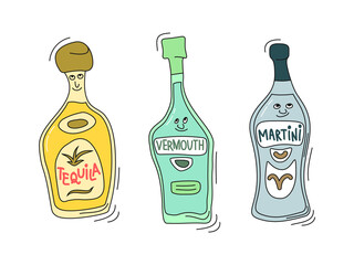 Fototapeta na wymiar Tequila, vermouth and martini with smile on white background. Cartoon sketch graphic design. Doodle style with black contour line. Cute hand drawn bottle. Party drinks concept. Freehand drawing style