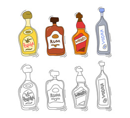 Tequila, rum, whiskey, vodka bottle on white background. Two kinds beverage. Cartoon sketch. Doodle style with black contour line. Colored hand drawn object. Party drinks concept. Freehand drawing.