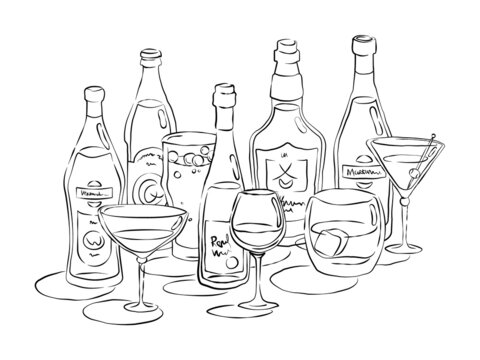 Bottle and glass vermouth beer red wine whiskey martini together in hand drawn style. Beverage outline icon. Restaurant illustration for celebration design. Line art sketch. Isolated on white backdrop