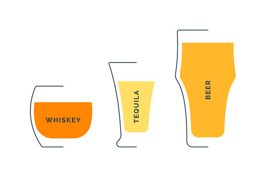 Whiskey, tequila and beer glass in minimalist linear style on white backdrop. Contour of glassware on left side in form of fine black line. Drink is depicted in form of shape with colored fill