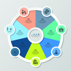 Basic circle infographic template with 7 steps, process or options, process chart, Used for process diagram, presentations, workflow layout, flow chart, infograph. Vector eps10 illustration.