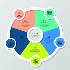 Basic circle infographic template with 5 steps, process or options, process chart, Used for process diagram, presentations, workflow layout, flow chart, infograph. Vector eps10 illustration.