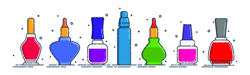 Cosmetic container nail polish, gel, oil in row. Female fashion product. Traditional plastic or glass bottle design. Fashion & style illustration. Closeup on white backdrop. Isolated object