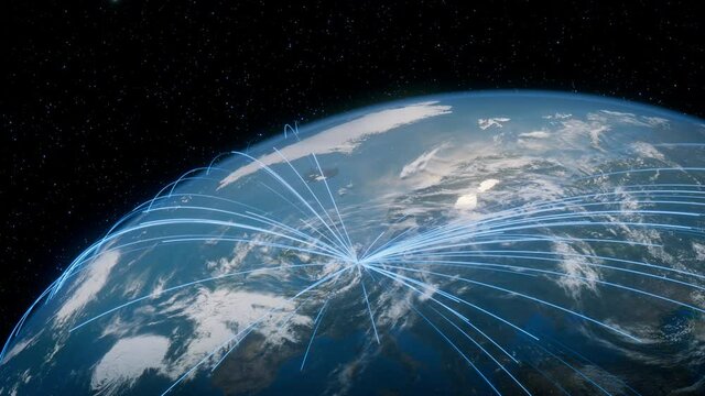 Earth in Space. Blue Lines connect Amsterdam, Netherlands with Cities across the World. Worldwide Travel or Networking Concept.