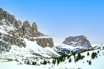 Dolomites landscape panorama in winter, Italy, Passo Sella mountain pass