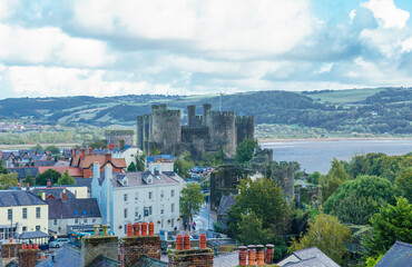conwy castle viewed over the town from the 13th century stone wall 