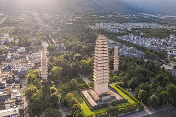 Aerial view of Three Pagodas and Cangshan mountain, in Dali - Yunnan