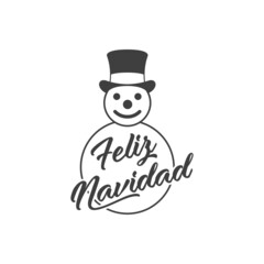 Logotipo con texto Feliz Navidad en español con silueta de muñeco de nieve con chistera con lineas en color gris