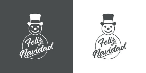 Logotipo con texto Feliz Navidad en español con silueta de muñeco de nieve con chistera con lineas en fondo gris y fondo blanco