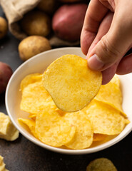 Potato Chips with cheese and onion in white bowl on rustic background