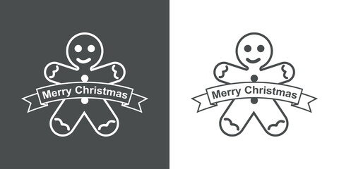 Galleta de navidad. Logotipo con texto Merry Christmas en cinta con hombre de pan de jengibre con lineas en fondo gris y fondo blanco