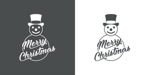 Logotipo con texto Merry Christmas con silueta de muñeco de nieve con chistera con lineas en fondo gris y fondo blanco