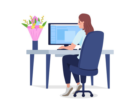 Lady at desk with bouquet semi flat color vector character. Working figure. Full body person on white. Romantic gift isolated modern cartoon style illustration for graphic design and animation