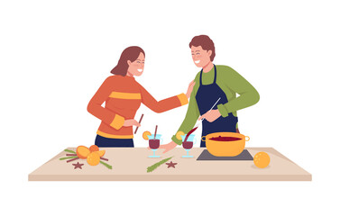 Couple make mulled wine semi flat color vector characters. Posing figures. Full body people on white. Cooking together isolated modern cartoon style illustration for graphic design and animation