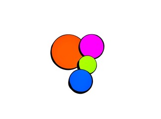 Blue, green, pink and orange circles on a white background.