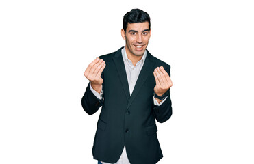 Handsome hispanic man wearing business clothes doing money gesture with hands, asking for salary payment, millionaire business