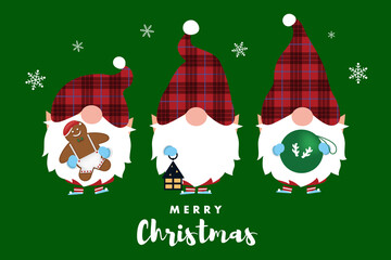 Cute three Santa Claus gnomes holding Christmas decoration - lanthanum, cookie, ornament. Vector illustration.