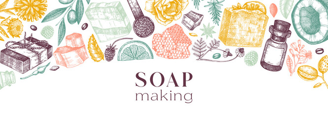 Soap-making ingredients banner in color. Hand-sketched aromatic materials for cosmetics, perfumery, soap. Great for branding, packaging, identity, web design. Colorful bars of soap template - obrazy, fototapety, plakaty