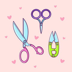Hand drawn set of tailor scissors on pink background with hearts